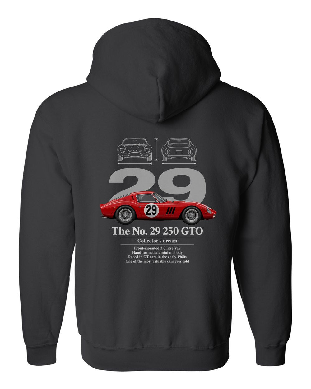 No. 29 250 GTO black zip hoodie back view with the design