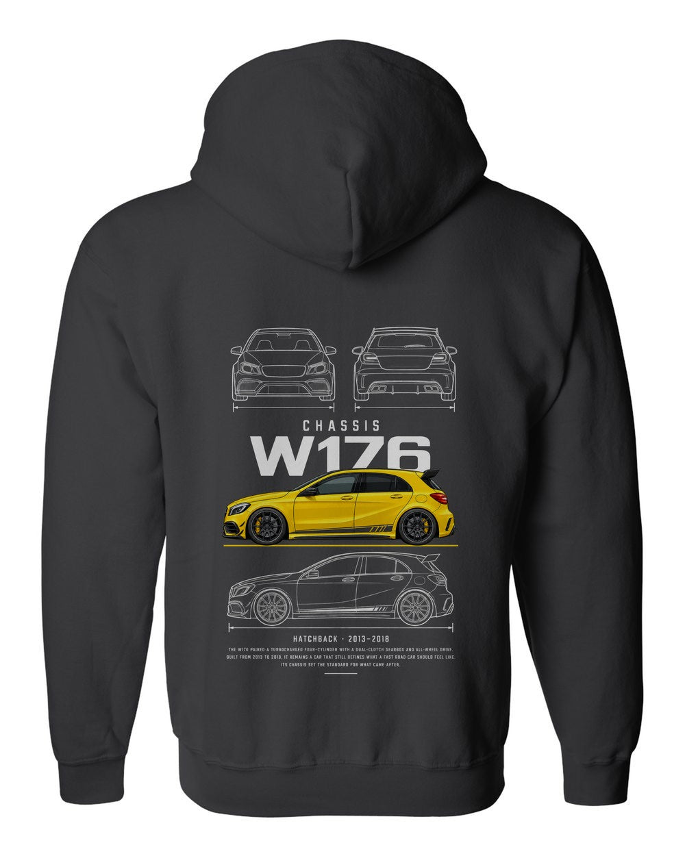 W176 full-back artwork black zip hoodie back view with the design