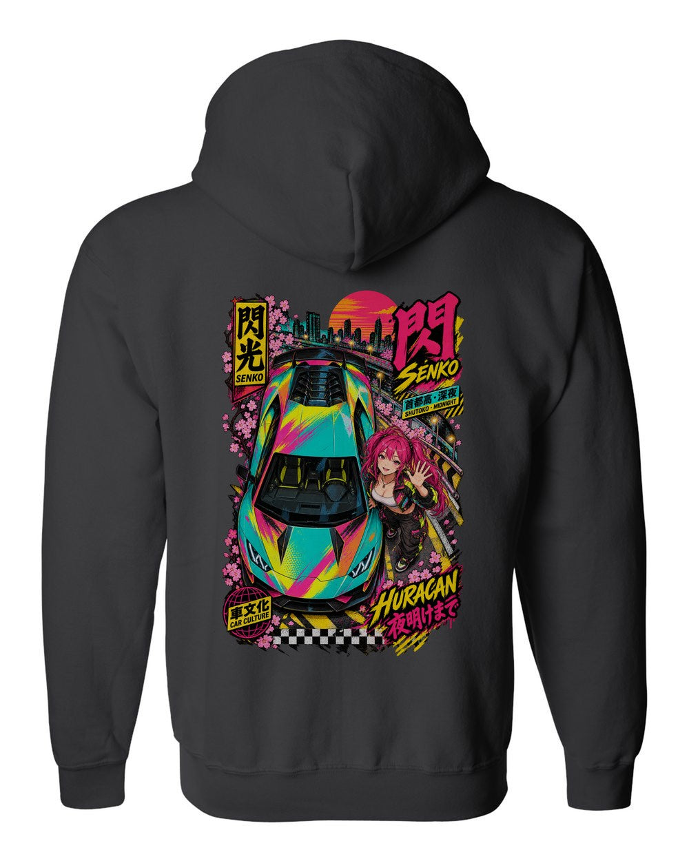 SENKO HURACAN full-back artwork black zip hoodie back view with the design