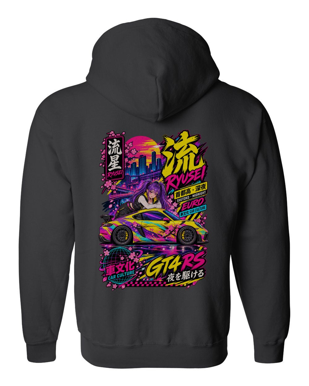 RYUSEI GT4 RS full-back artwork black zip hoodie back view with the design