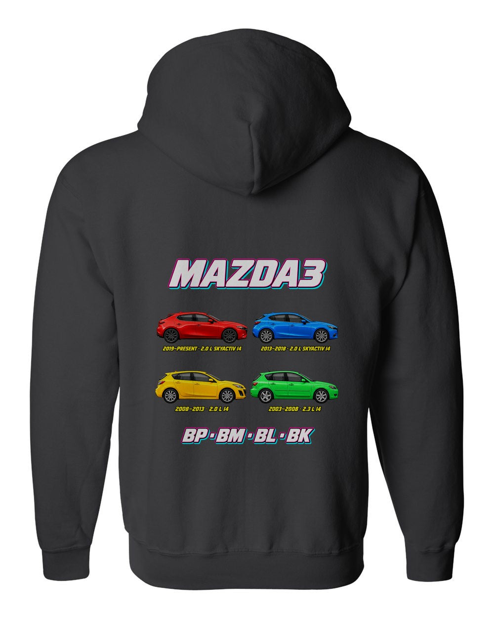 Mazda 3 evolution poster black zip hoodie back view with the design