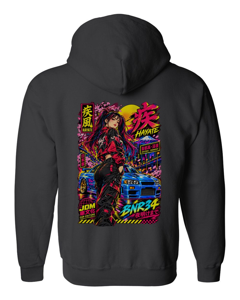 HAYATE BNR34 full-back artwork black zip hoodie back view with the design