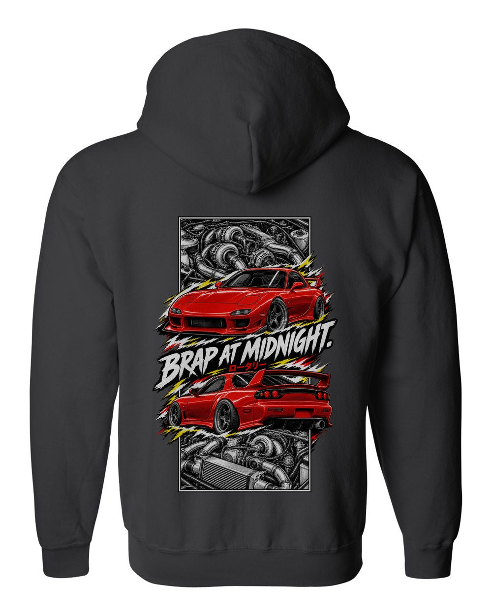 Mazda RX-7 Fd3S torn poster black zip hoodie back view with the design