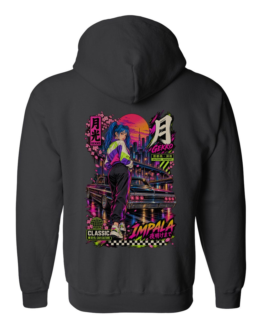 GEKKO IMPALA full-back artwork black zip hoodie back view with the design