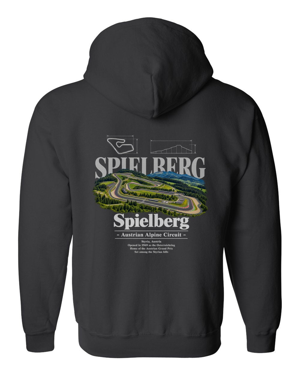 Spielberg black zip hoodie back view with the design