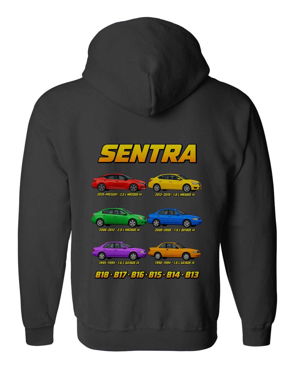 Nissan Sentra evolution poster black zip hoodie back view with the design