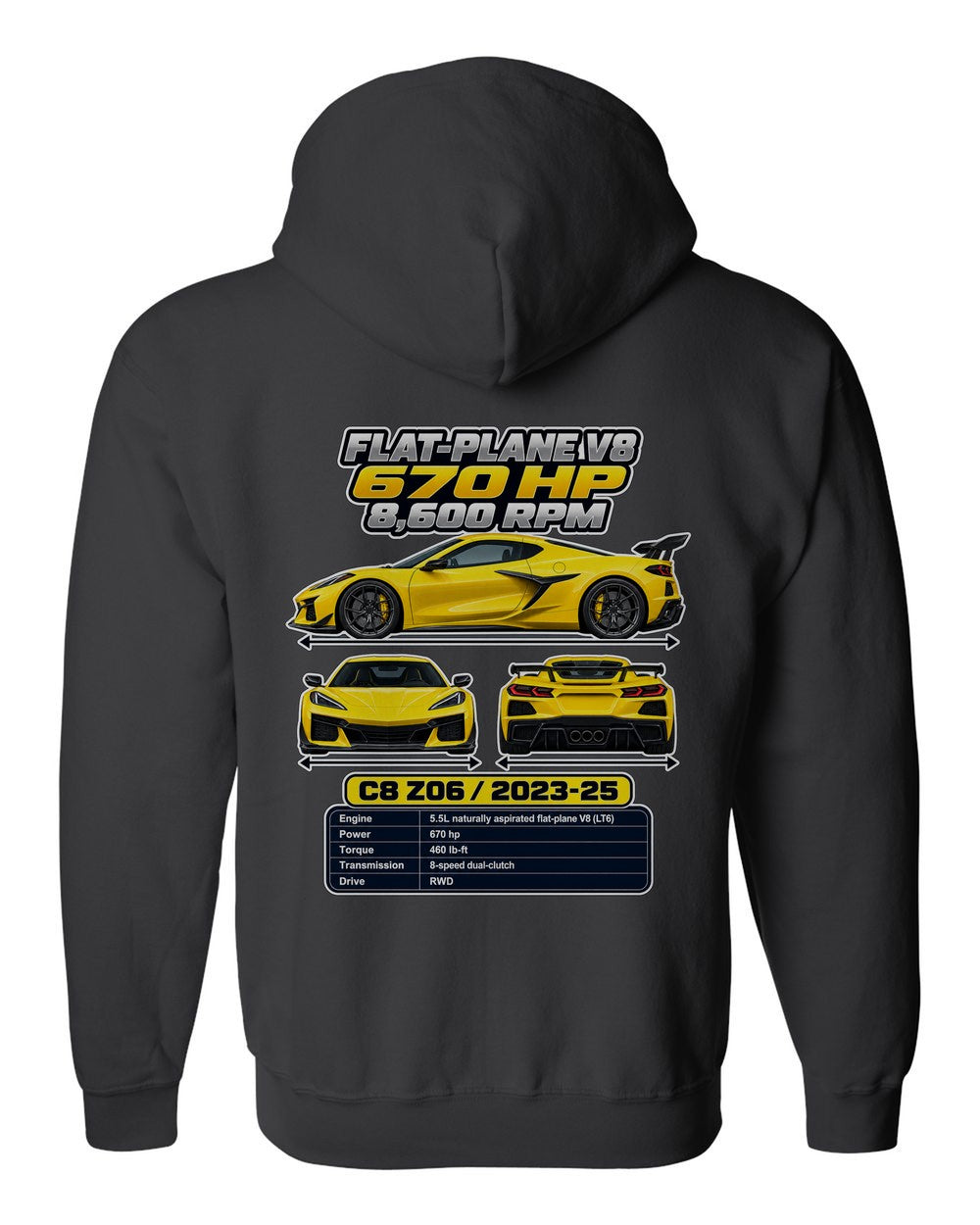 Chevrolet Corvette C8 Z06 spec sheet black zip hoodie back view with the design