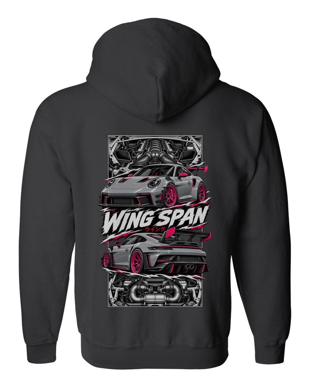 Porsche 992 Gt3 Rs torn poster black zip hoodie back view with the design