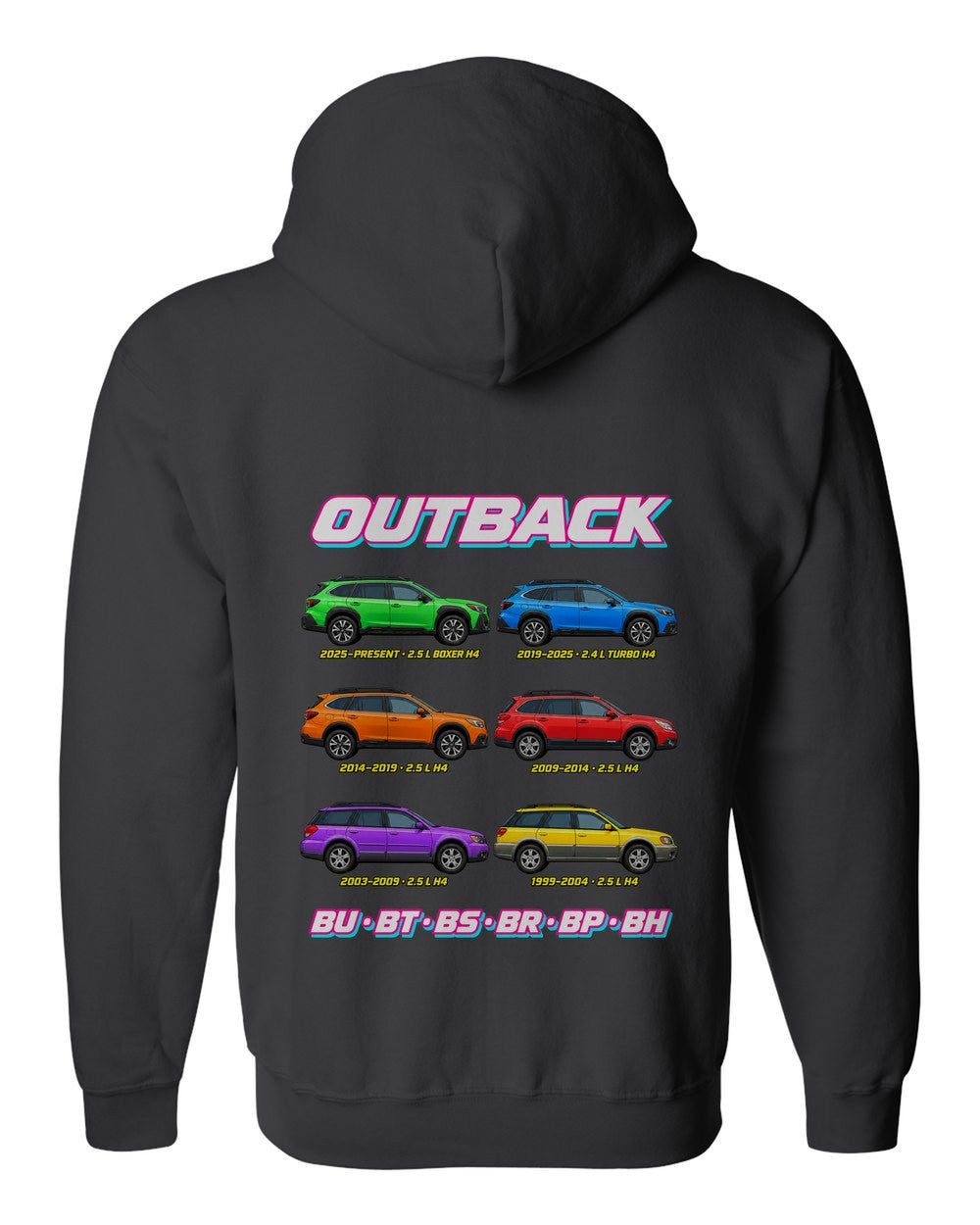 Subaru Outback evolution poster black zip hoodie back view with the design