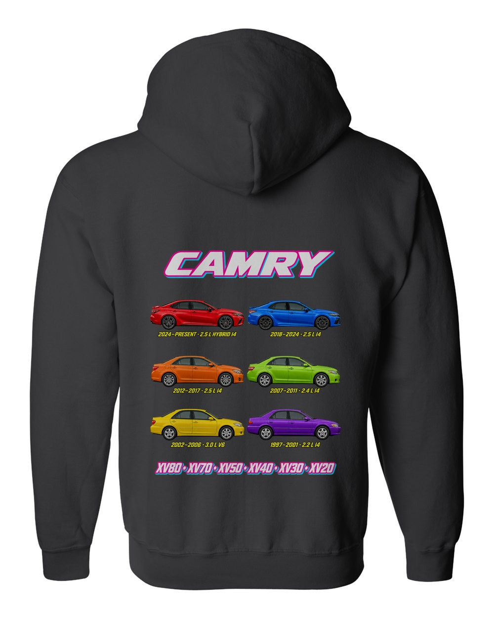 Toyota Camry evolution poster black zip hoodie back view with the design