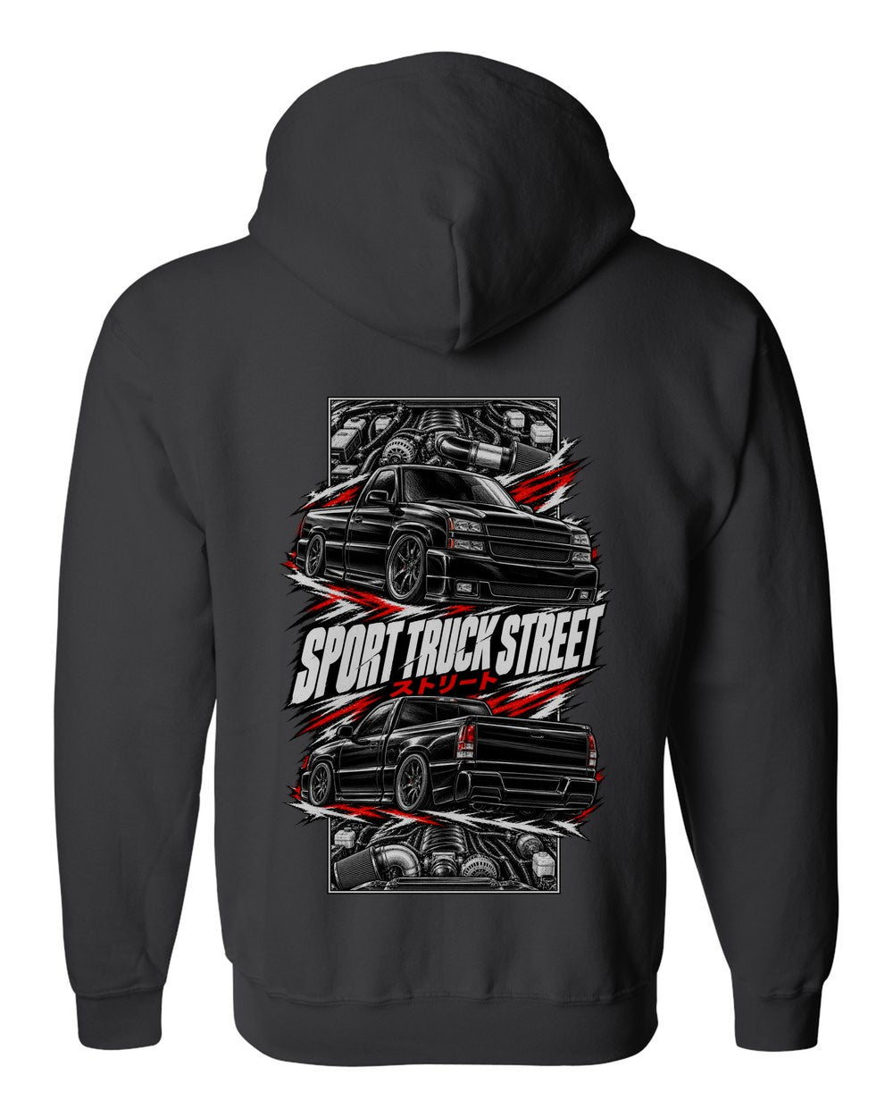 Chevy Silverado SS torn poster black zip hoodie back view with the design