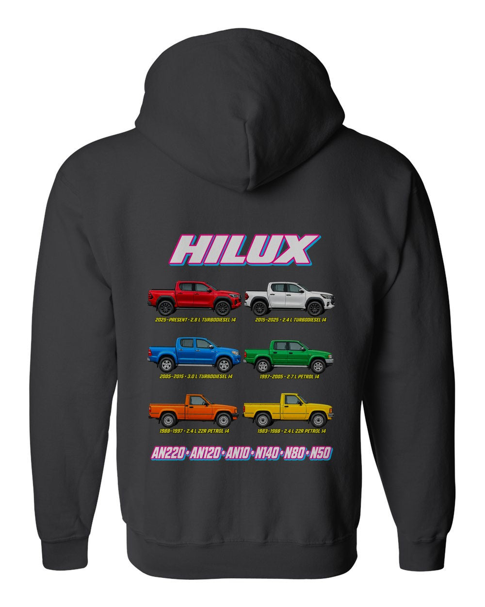 Toyota Hilux evolution poster black zip hoodie back view with the design