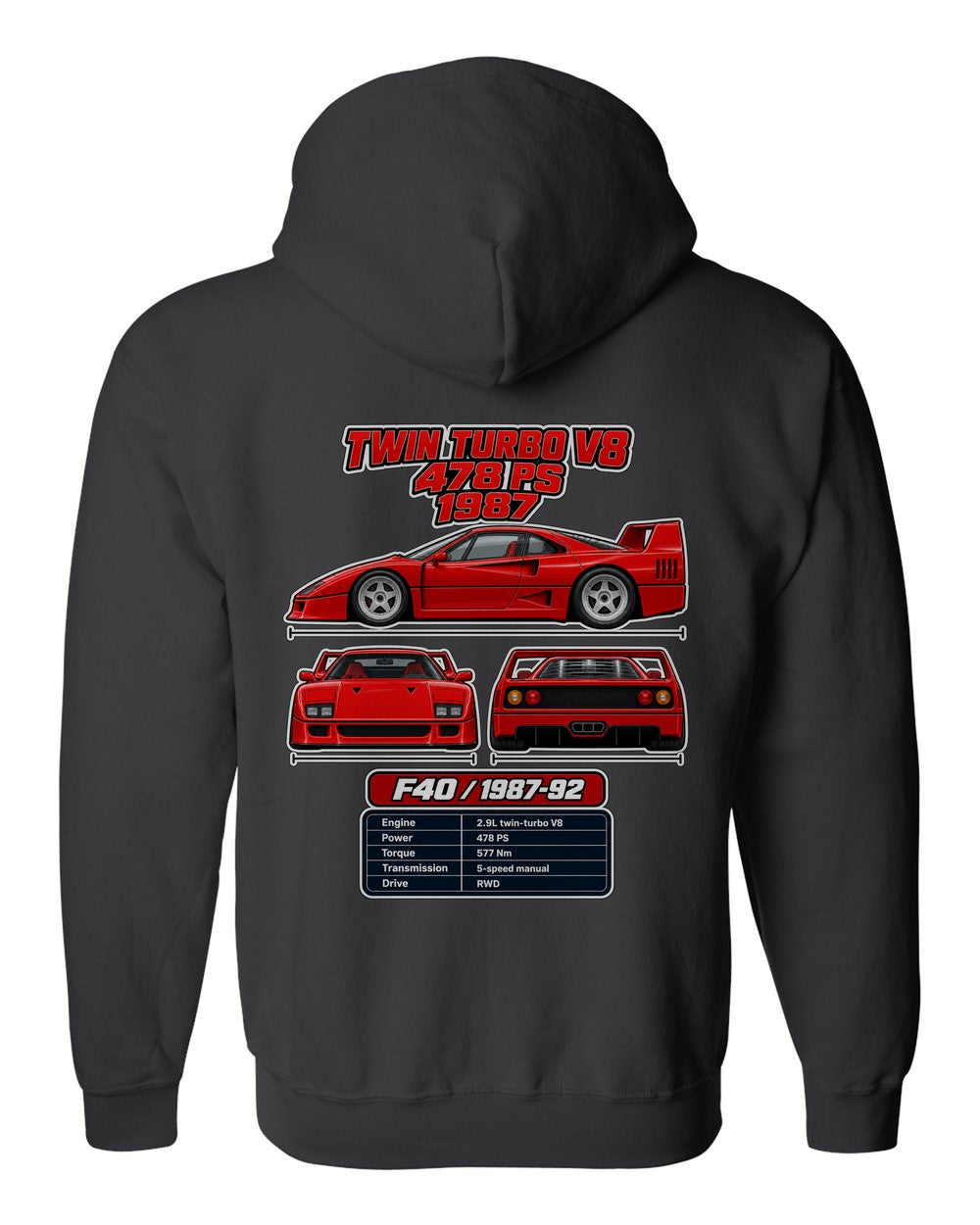 Ferrari F40 spec sheet black zip hoodie back view with the design