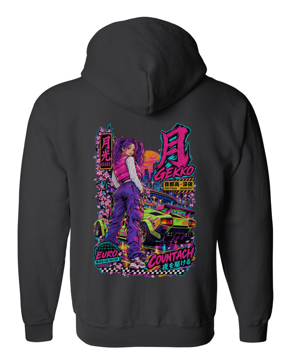GEKKO COUNTACH full-back artwork black zip hoodie back view with the design