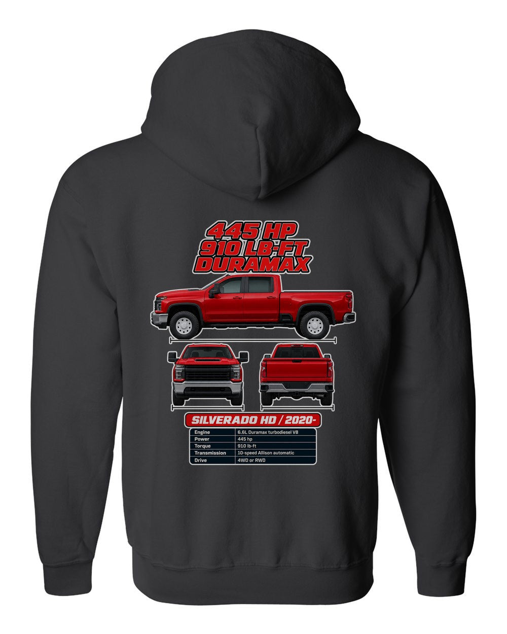 Chevrolet Silverado Hd spec sheet black zip hoodie back view with the design