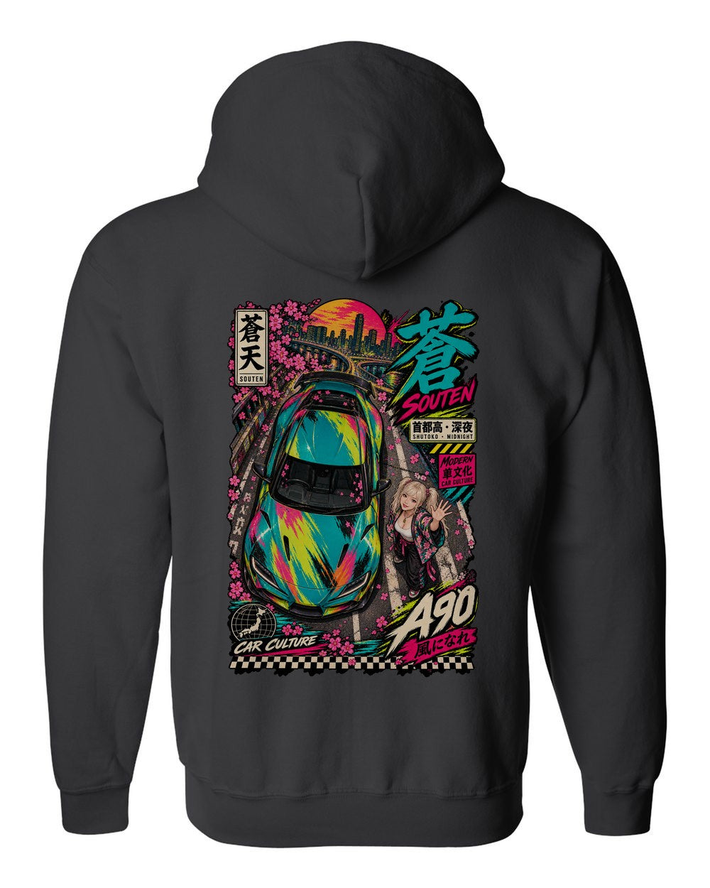 SOUTEN A90 full-back artwork black zip hoodie back view with the design