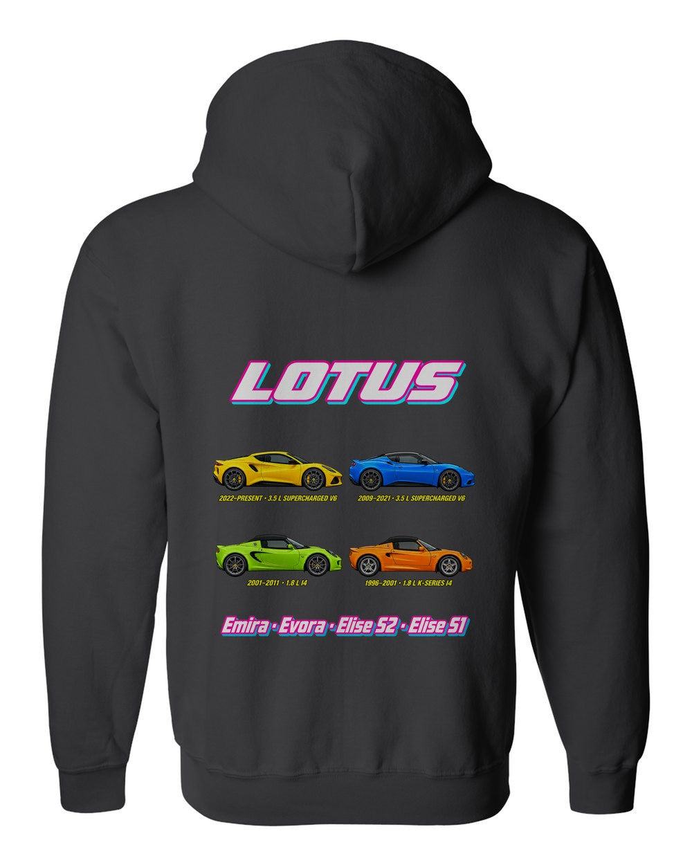Lotus evolution poster black zip hoodie back view with the design