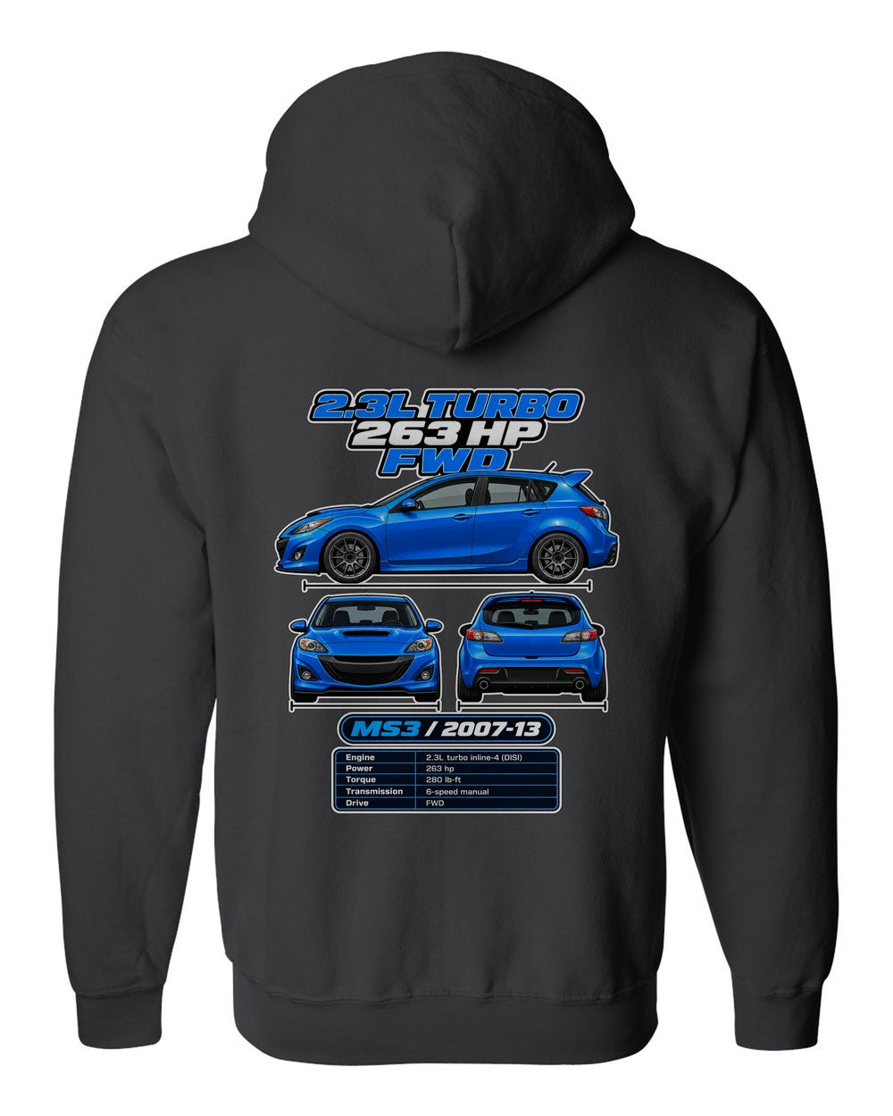 Mazda Mazdaspeed3 spec sheet black zip hoodie back view with the design