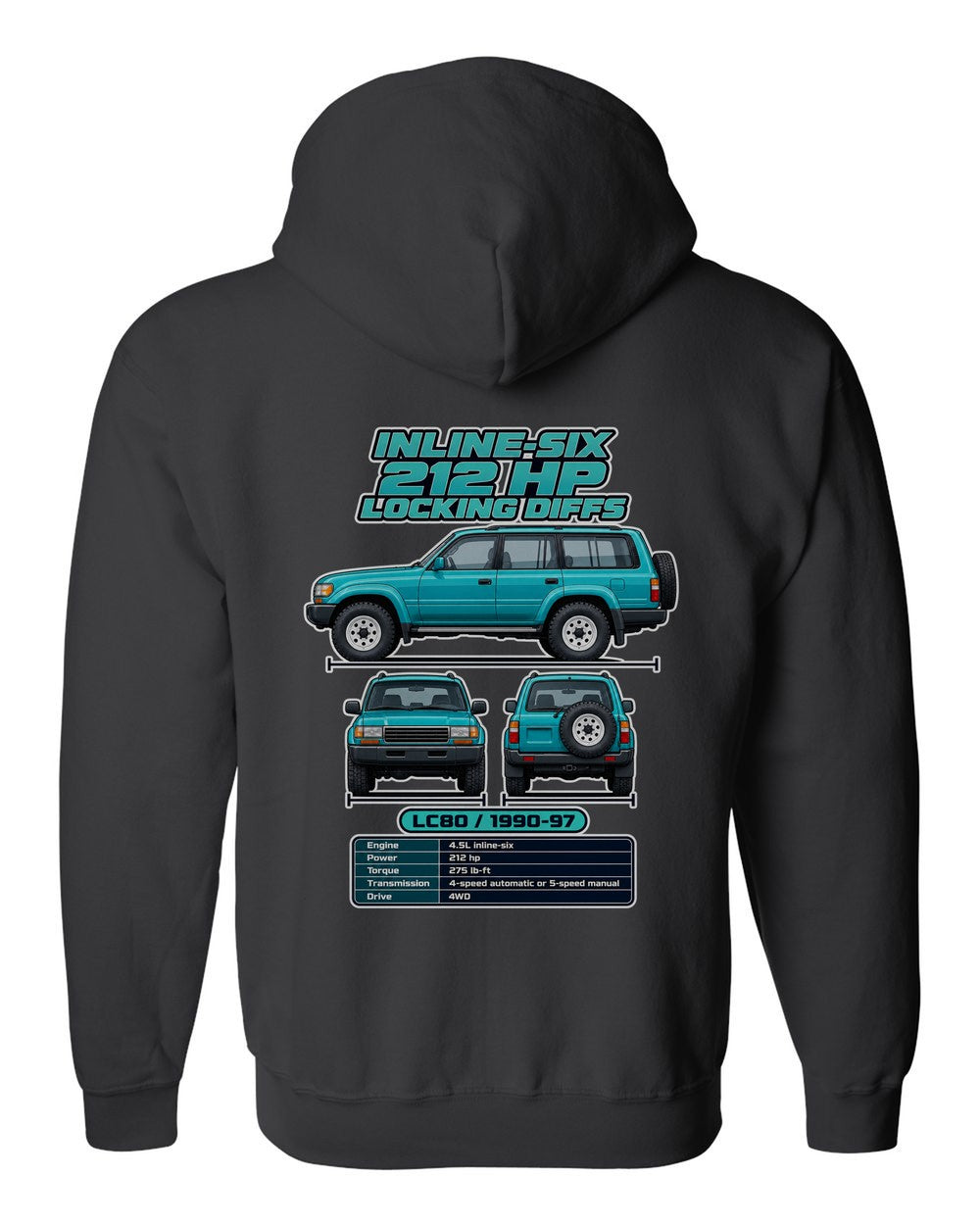 Toyota Land Cruiser 80 spec sheet black zip hoodie back view with the design