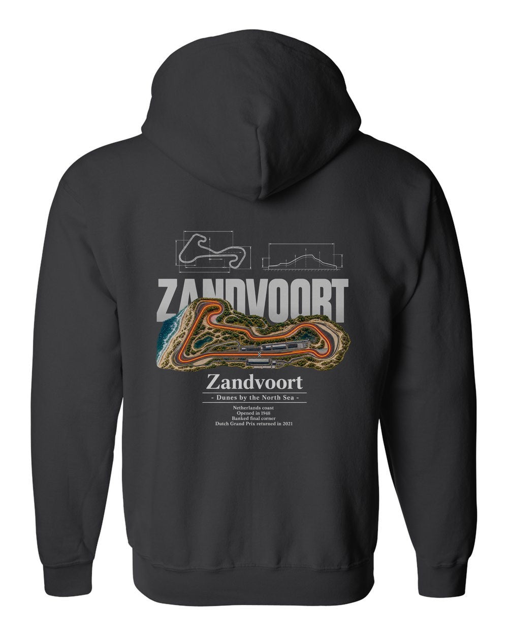 Zandvoort black zip hoodie back view with the design