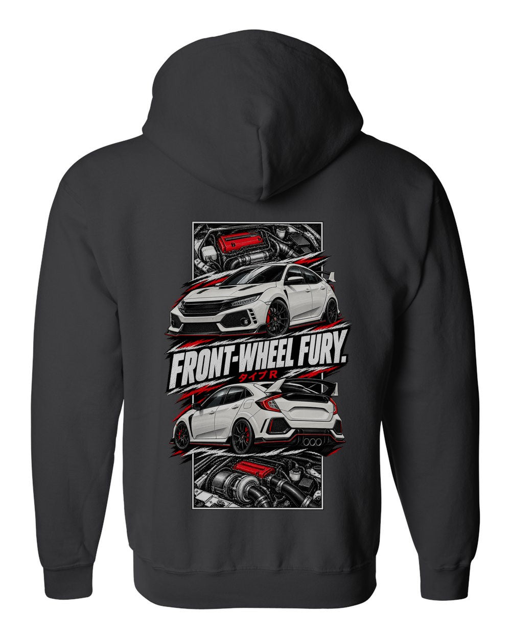 Honda Civic Fk8 torn poster black zip hoodie back view with the design