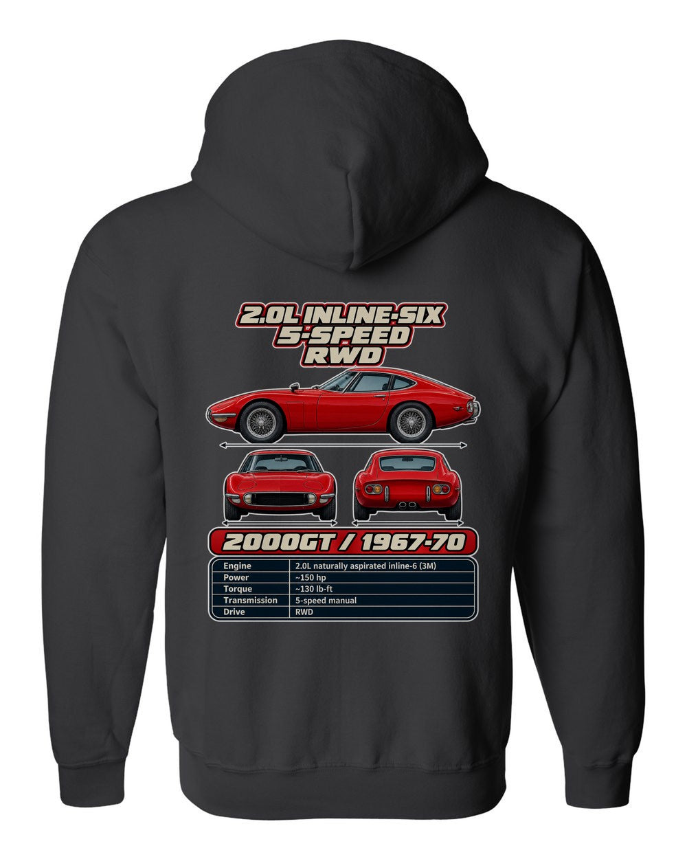 Toyota 2000Gt spec sheet black zip hoodie back view with the design