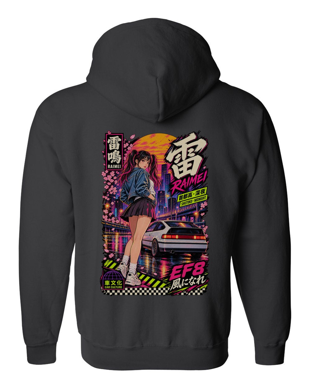 RAIMEI EF8 full-back artwork black zip hoodie back view with the design