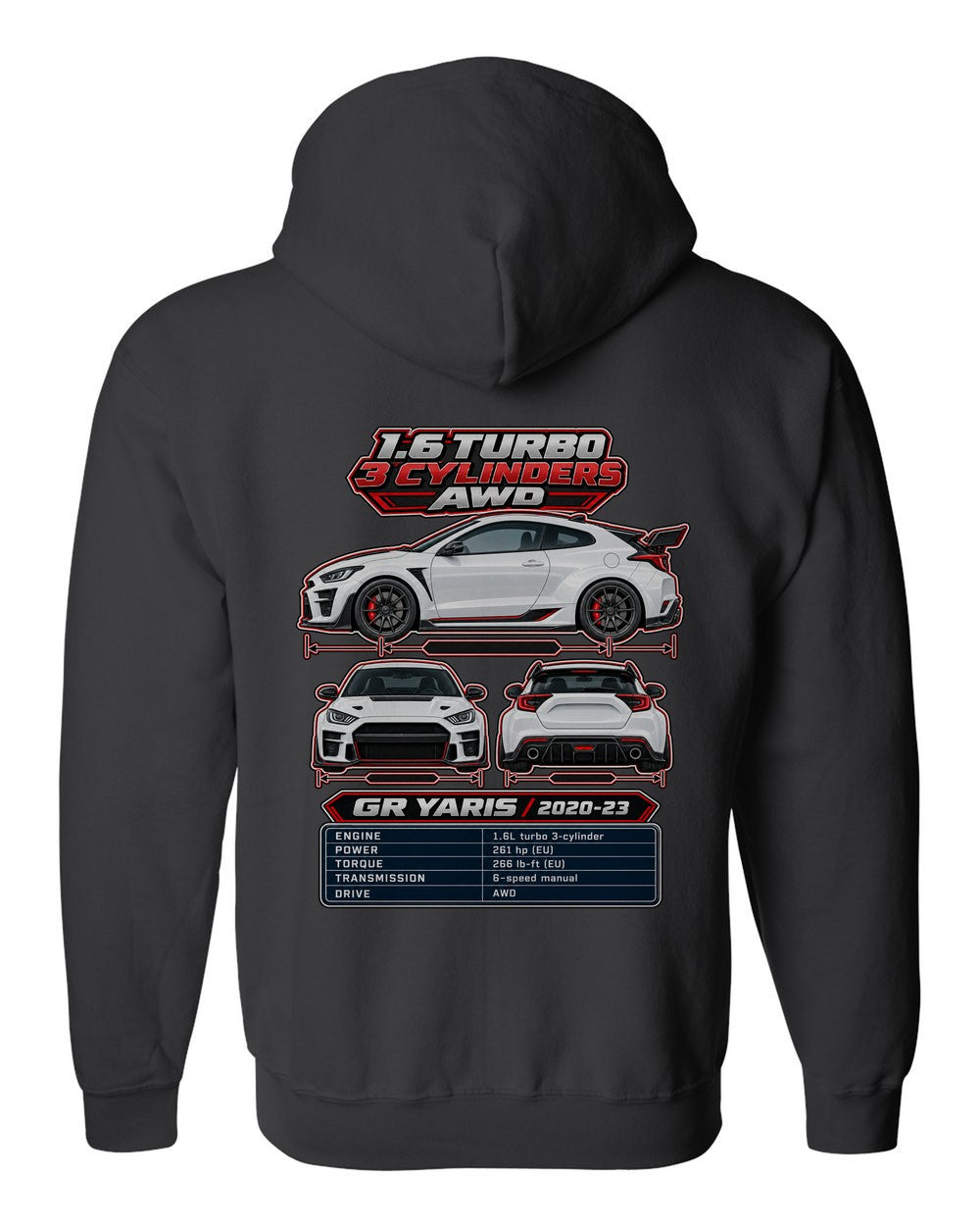 Toyota GR Yaris spec sheet black zip hoodie back view with the design