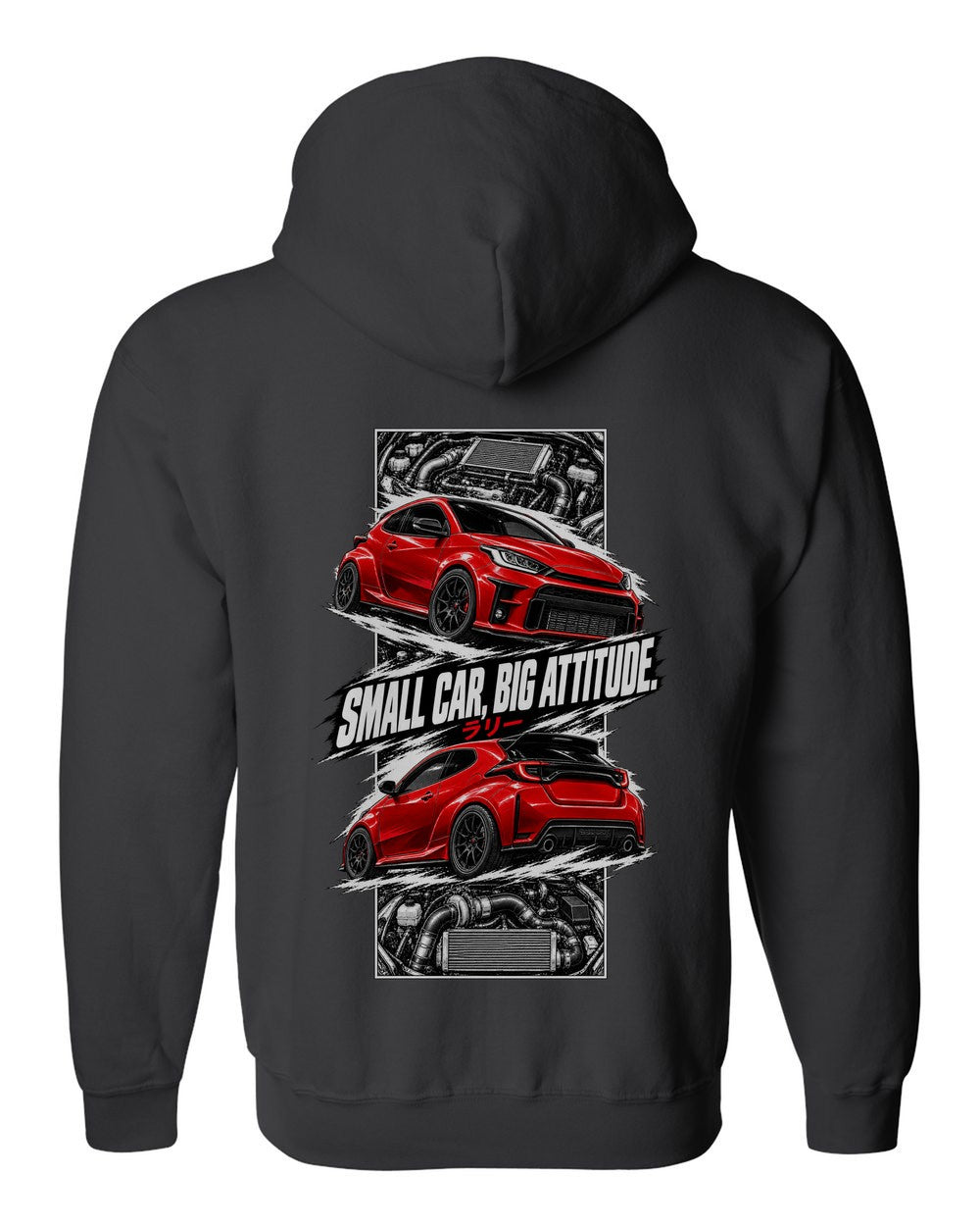 Toyota GR Yaris torn poster black zip hoodie back view with the design