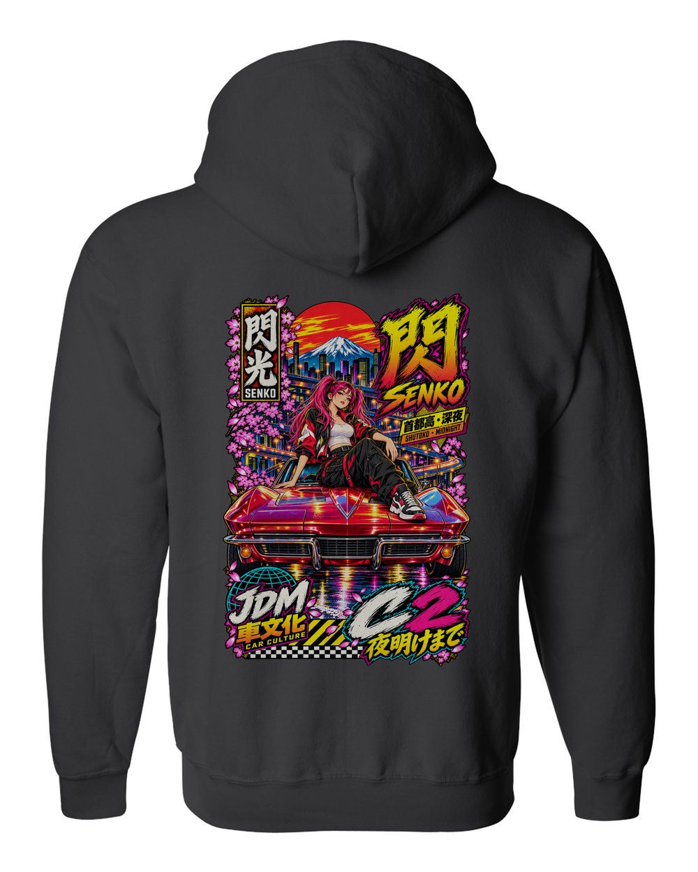 SENKO C2 full-back artwork black zip hoodie back view with the design