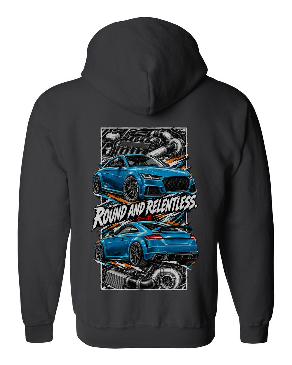 Audi Tt Rs torn poster black zip hoodie back view with the design