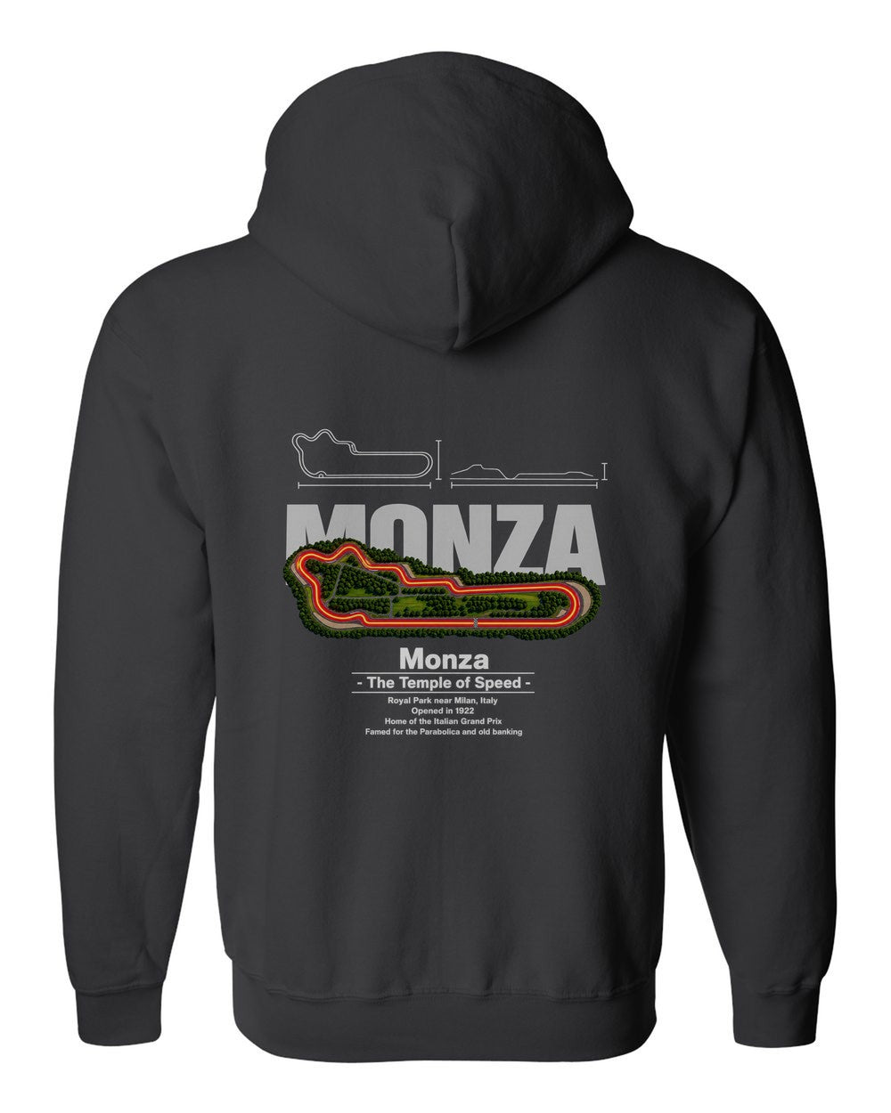 Monza black zip hoodie back view with the design