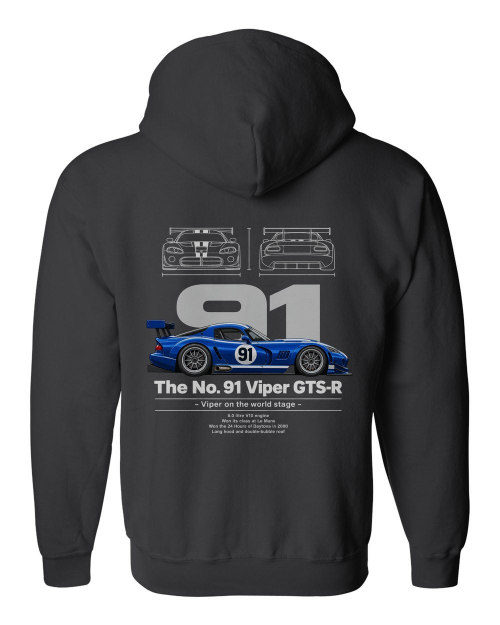No. 91 Viper GTS-R black zip hoodie back view with the design