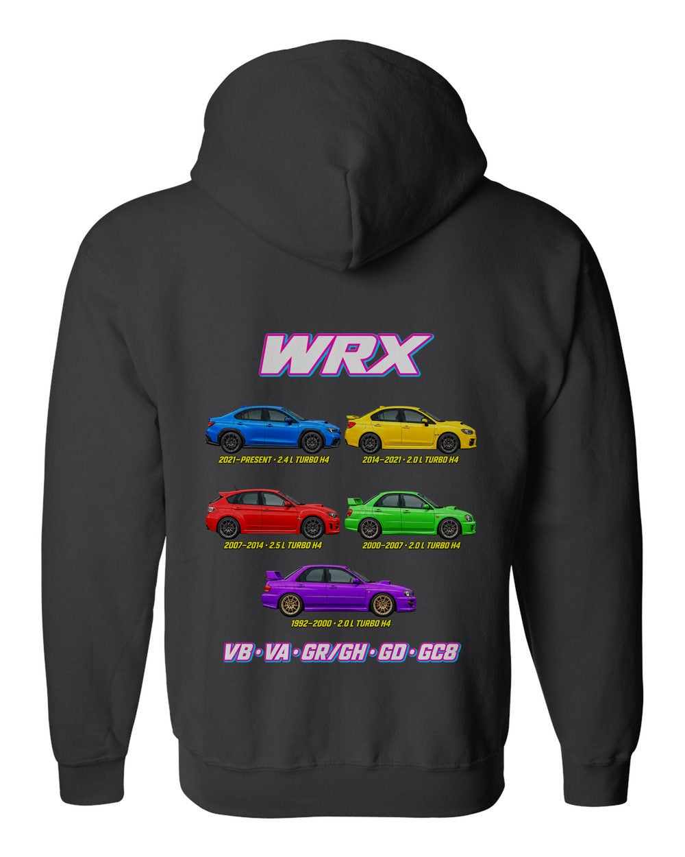 Subaru WRX evolution poster black zip hoodie back view with the design