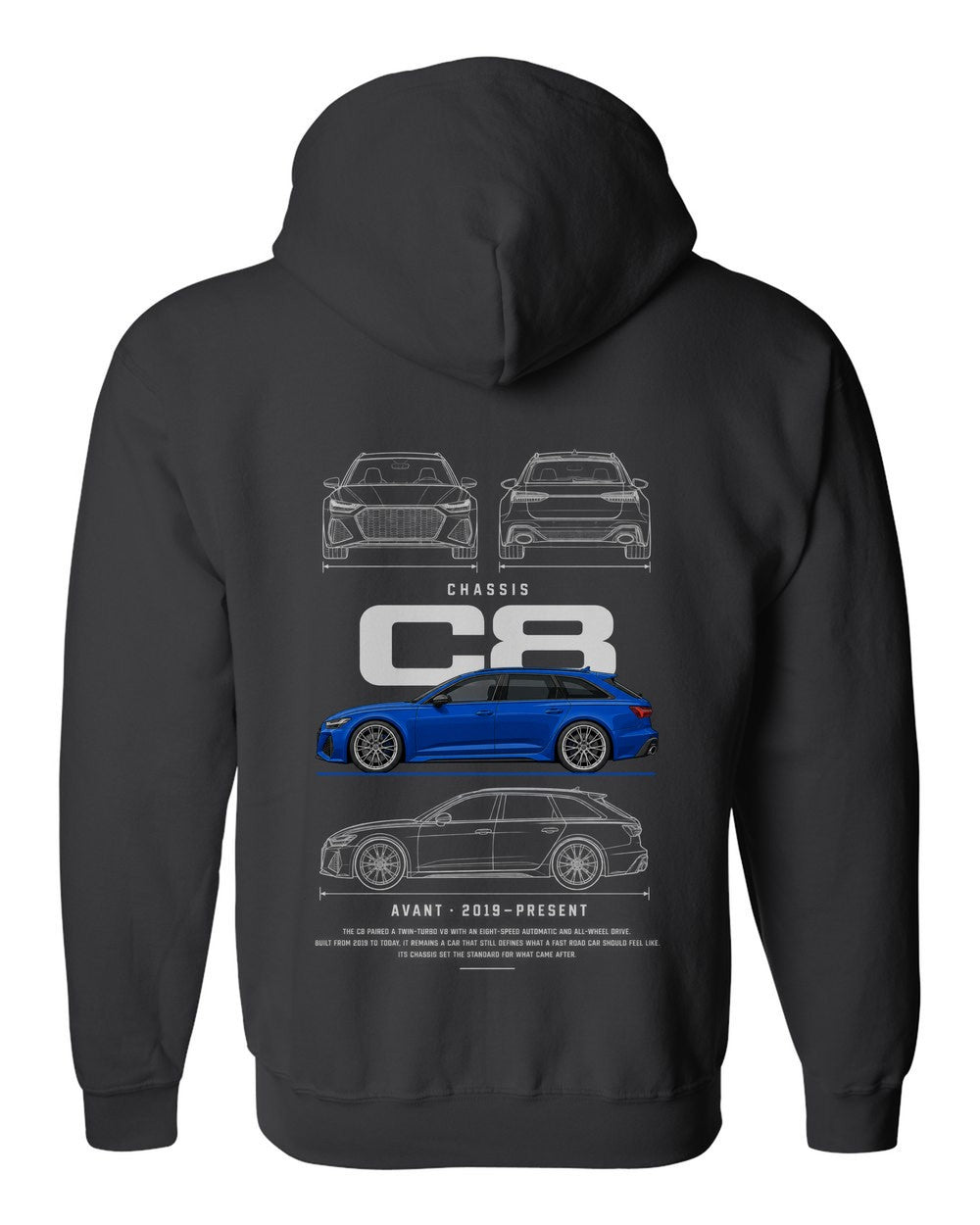 C8 full-back artwork black zip hoodie back view with the design