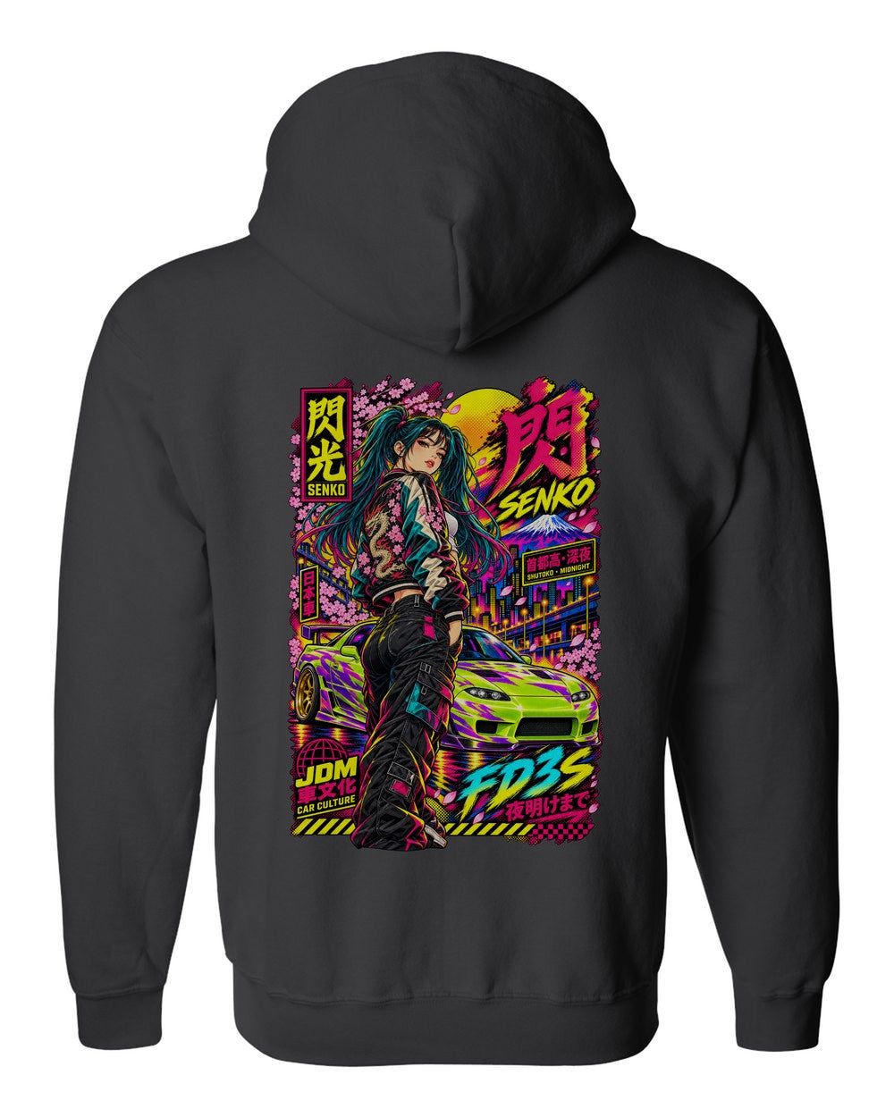 SENKO FD3S full-back artwork black zip hoodie back view with the design