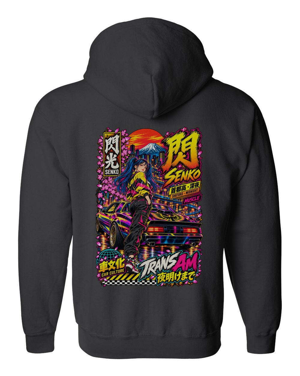 SENKO TRANS AM full-back artwork black zip hoodie back view with the design