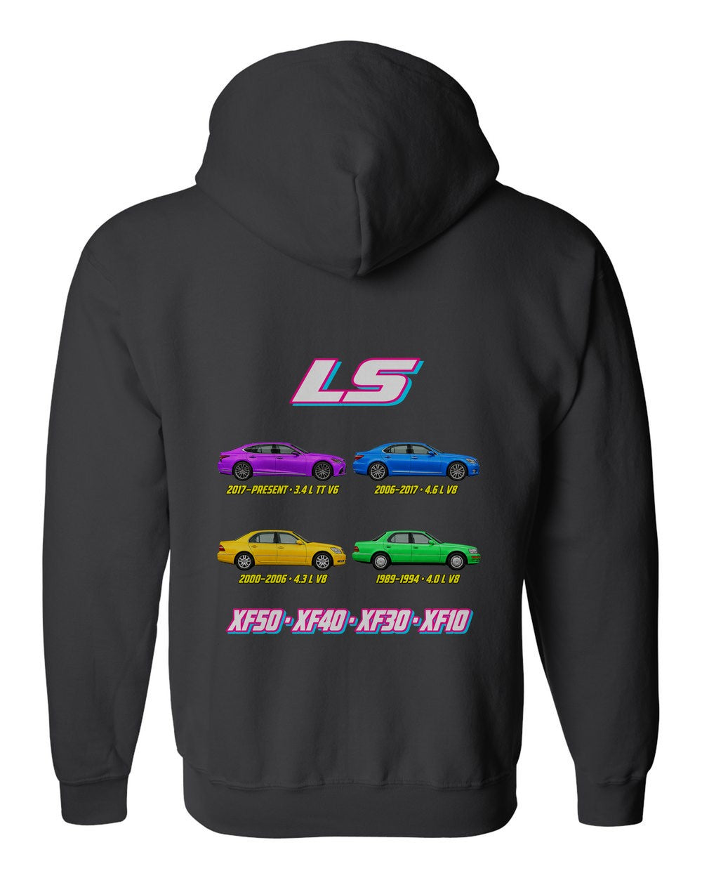 Lexus LS evolution poster black zip hoodie back view with the design