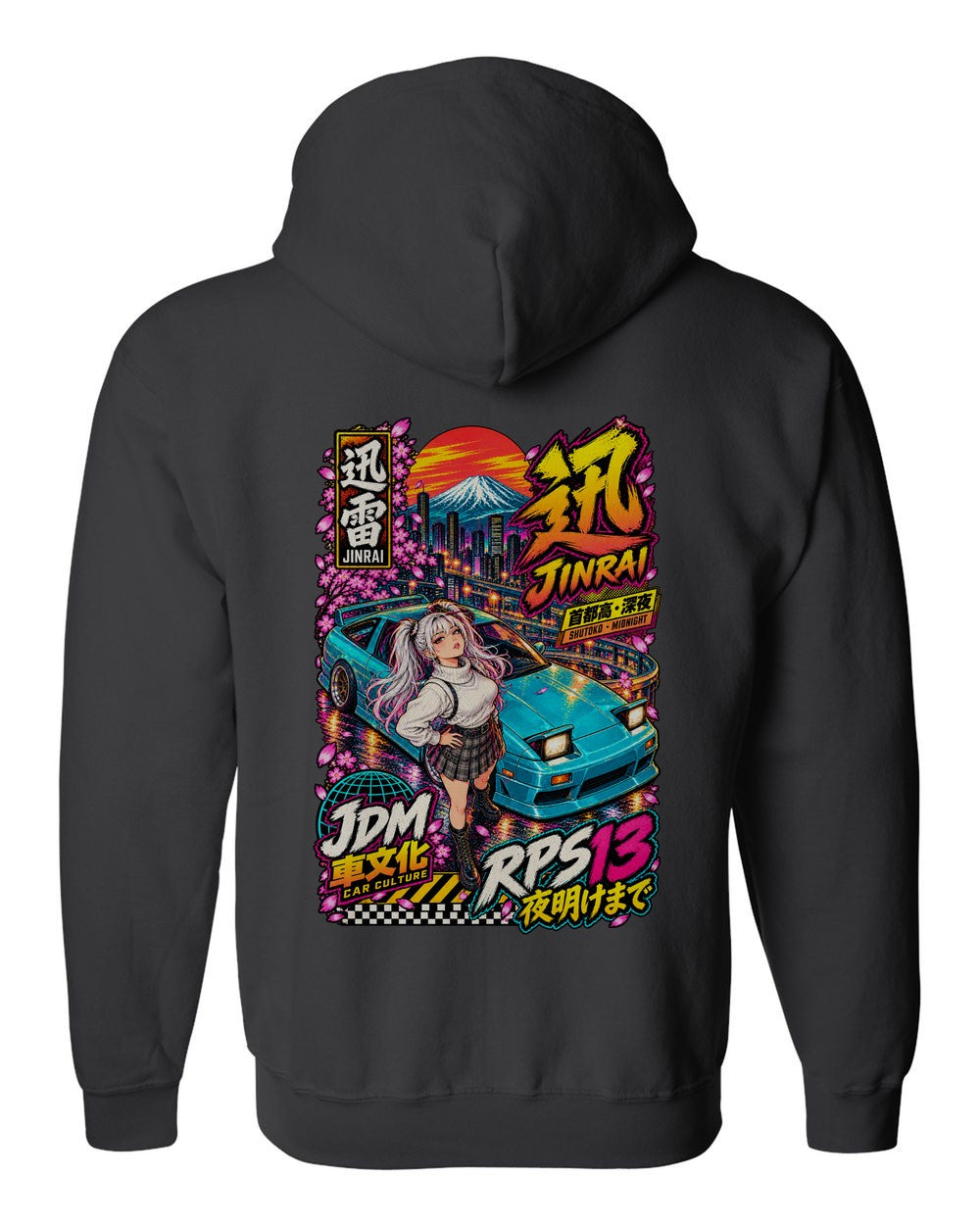 JINRAI RPS13 full-back artwork black zip hoodie back view with the design