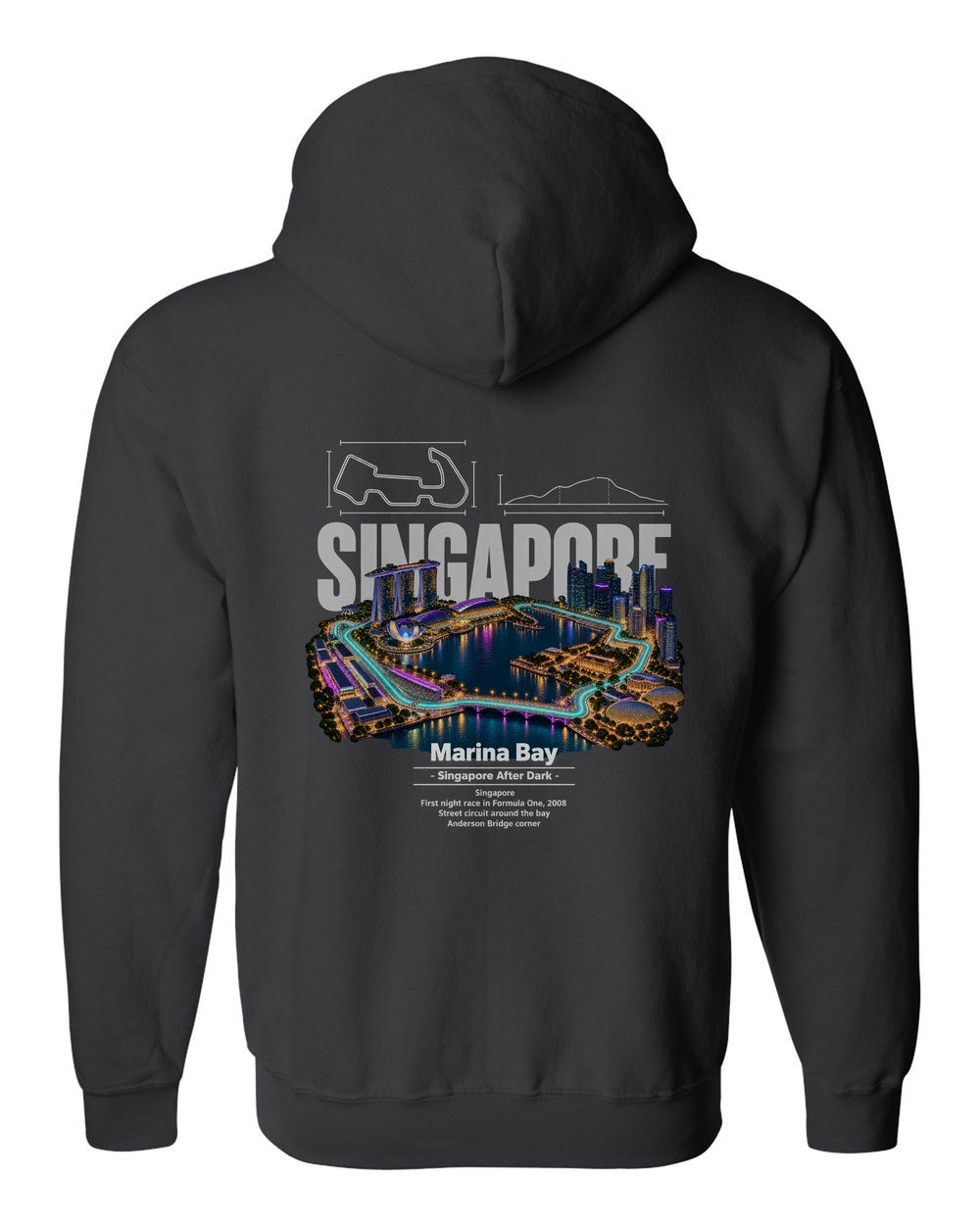 Marina Bay black zip hoodie back view with the design