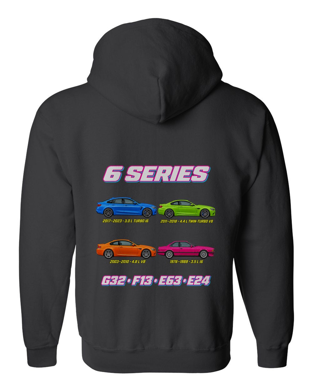 BMW 6 Series evolution poster black zip hoodie back view with the design