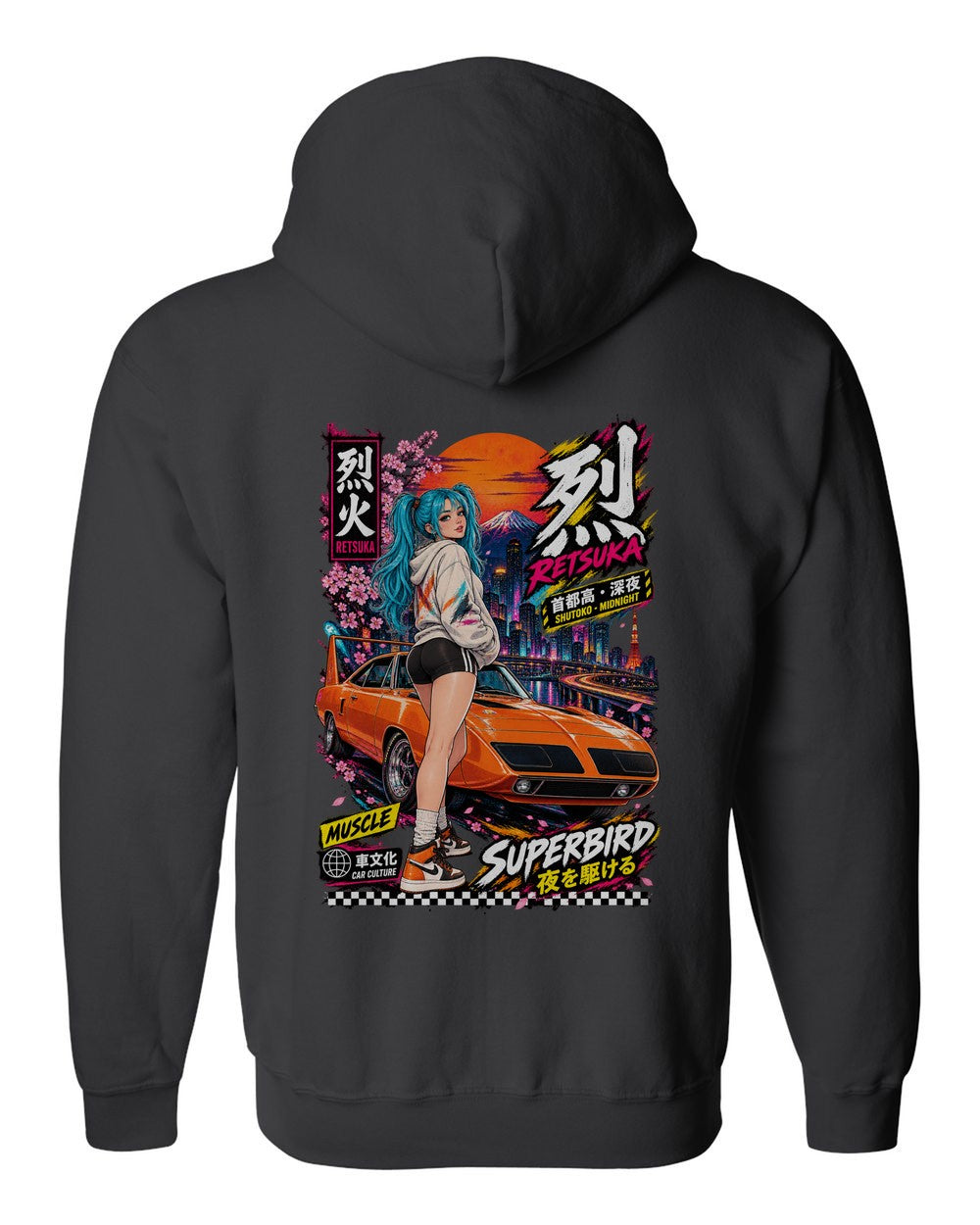 RETSUKA SUPERBIRD full-back artwork black zip hoodie back view with the design
