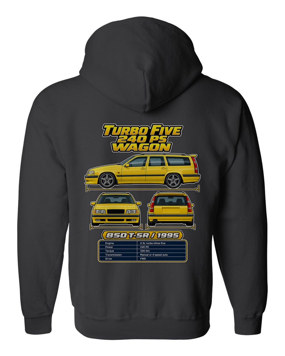 Volvo 850 T5 R spec sheet black zip hoodie back view with the design