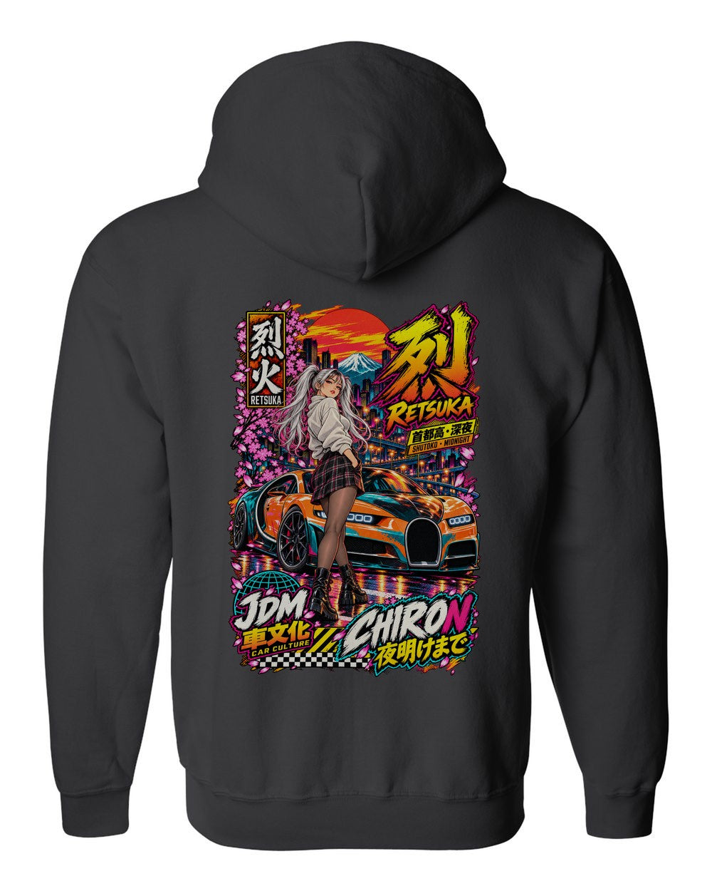 RETSUKA CHIRON full-back artwork black zip hoodie back view with the design