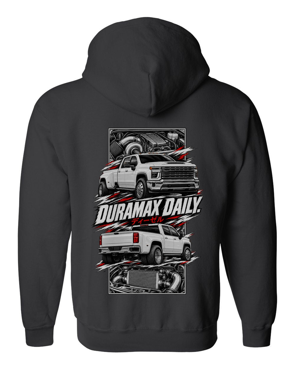 Chevy Silverado Hd torn poster black zip hoodie back view with the design