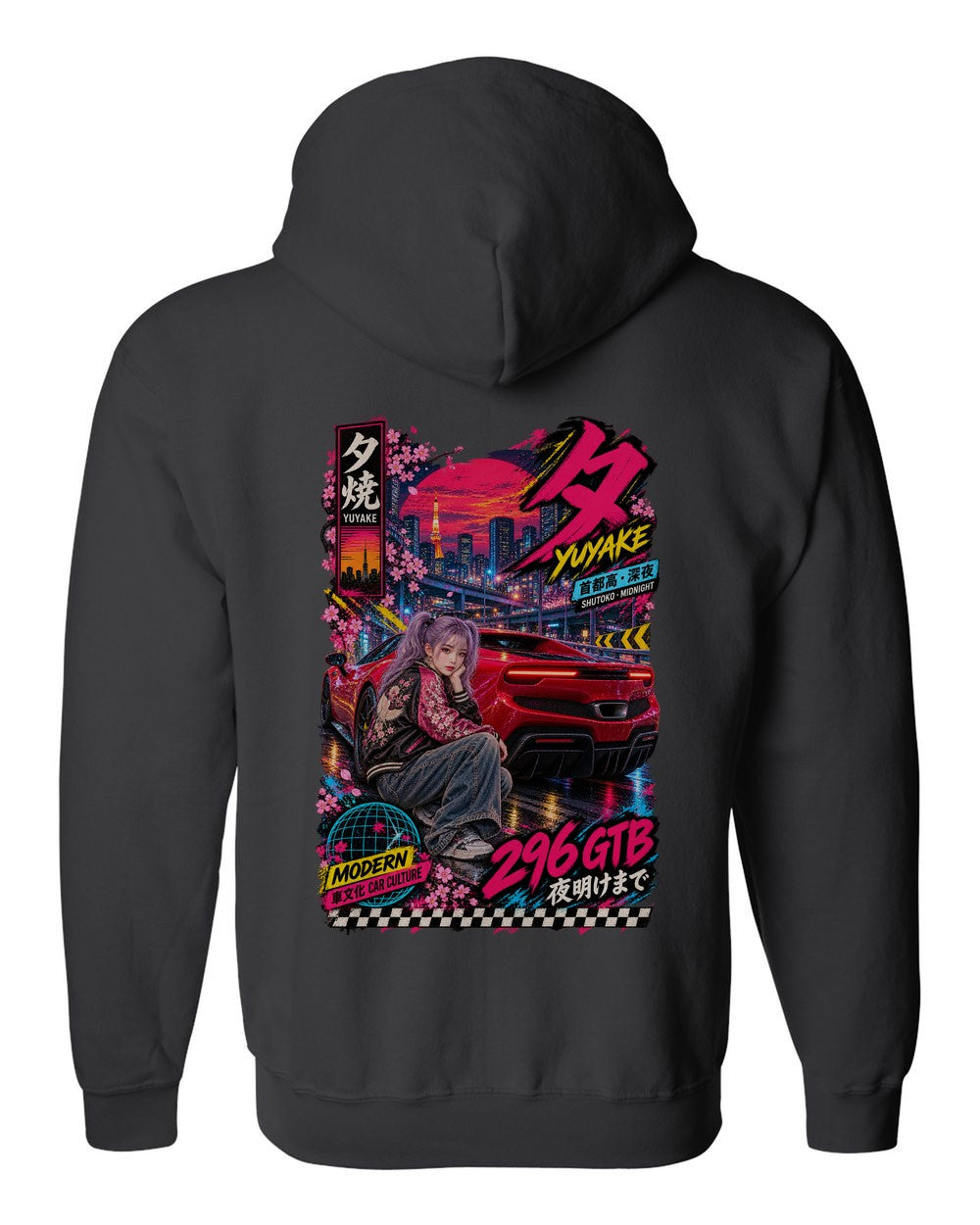 YUYAKE 296 GTB full-back artwork black zip hoodie back view with the design
