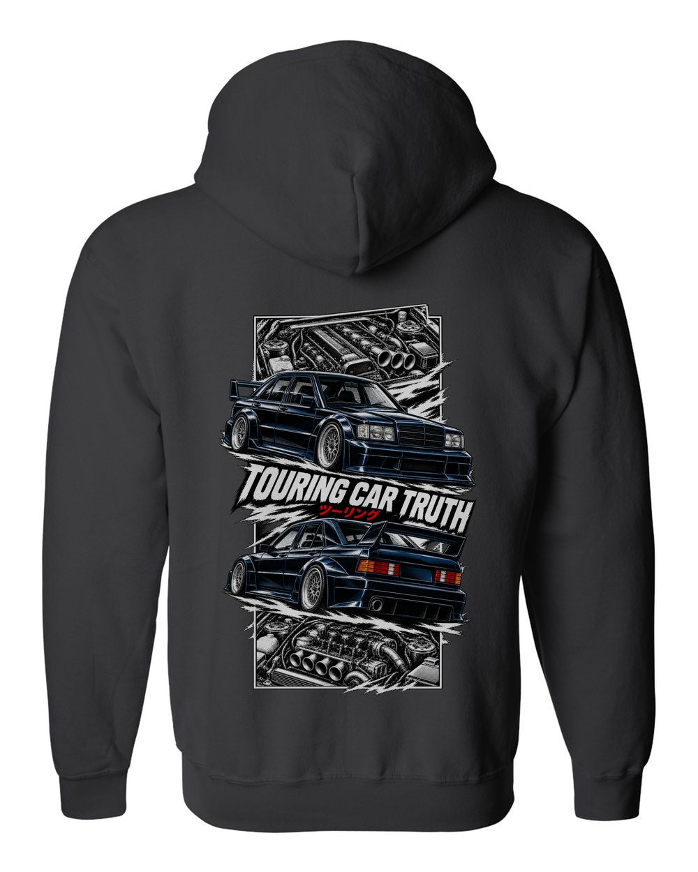 Mercedes 190E Evo Ii torn poster black zip hoodie back view with the design