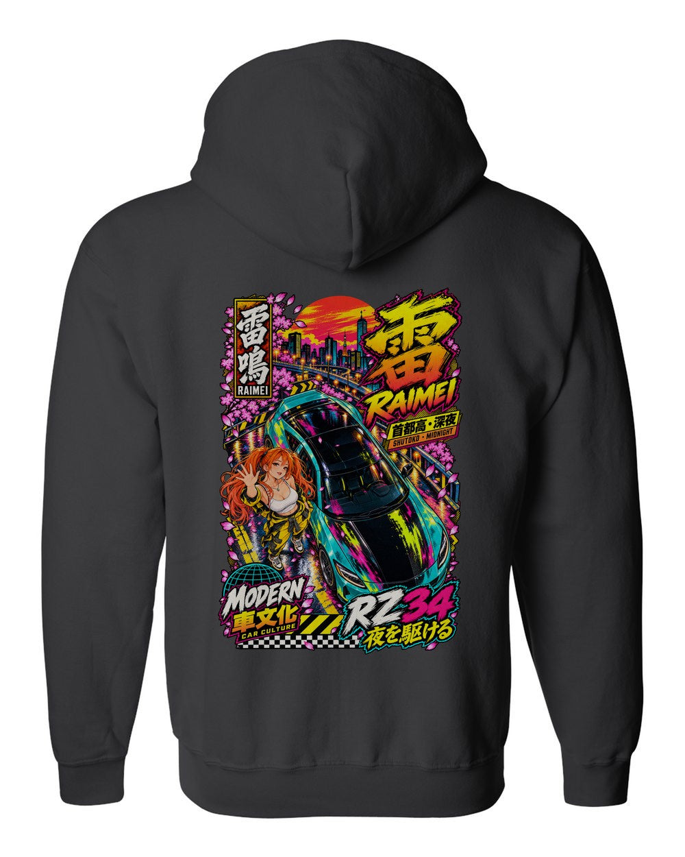 RAIMEI RZ34 full-back artwork black zip hoodie back view with the design