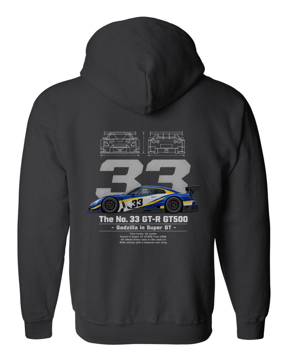 No. 33 GT-R GT500 black zip hoodie back view with the design