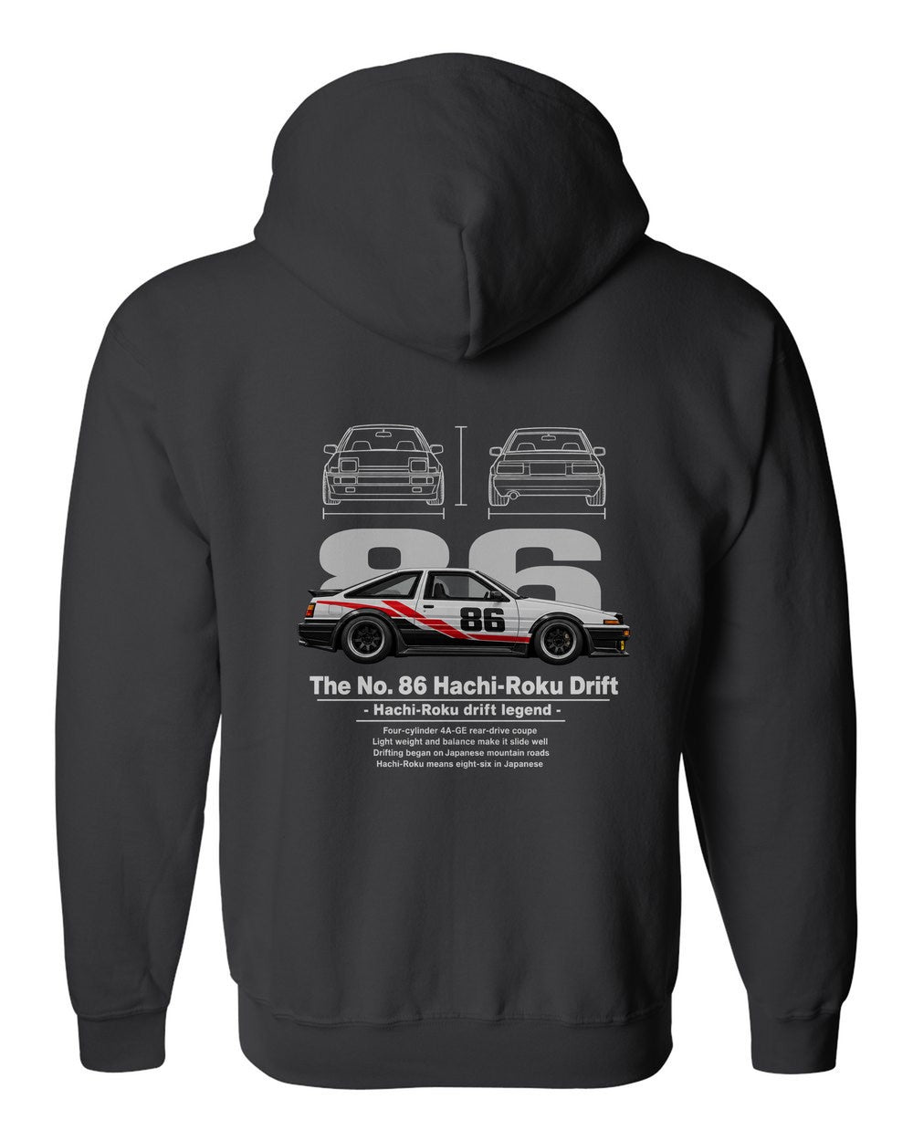 No. 86 Hachi-Roku Drift black zip hoodie back view with the design